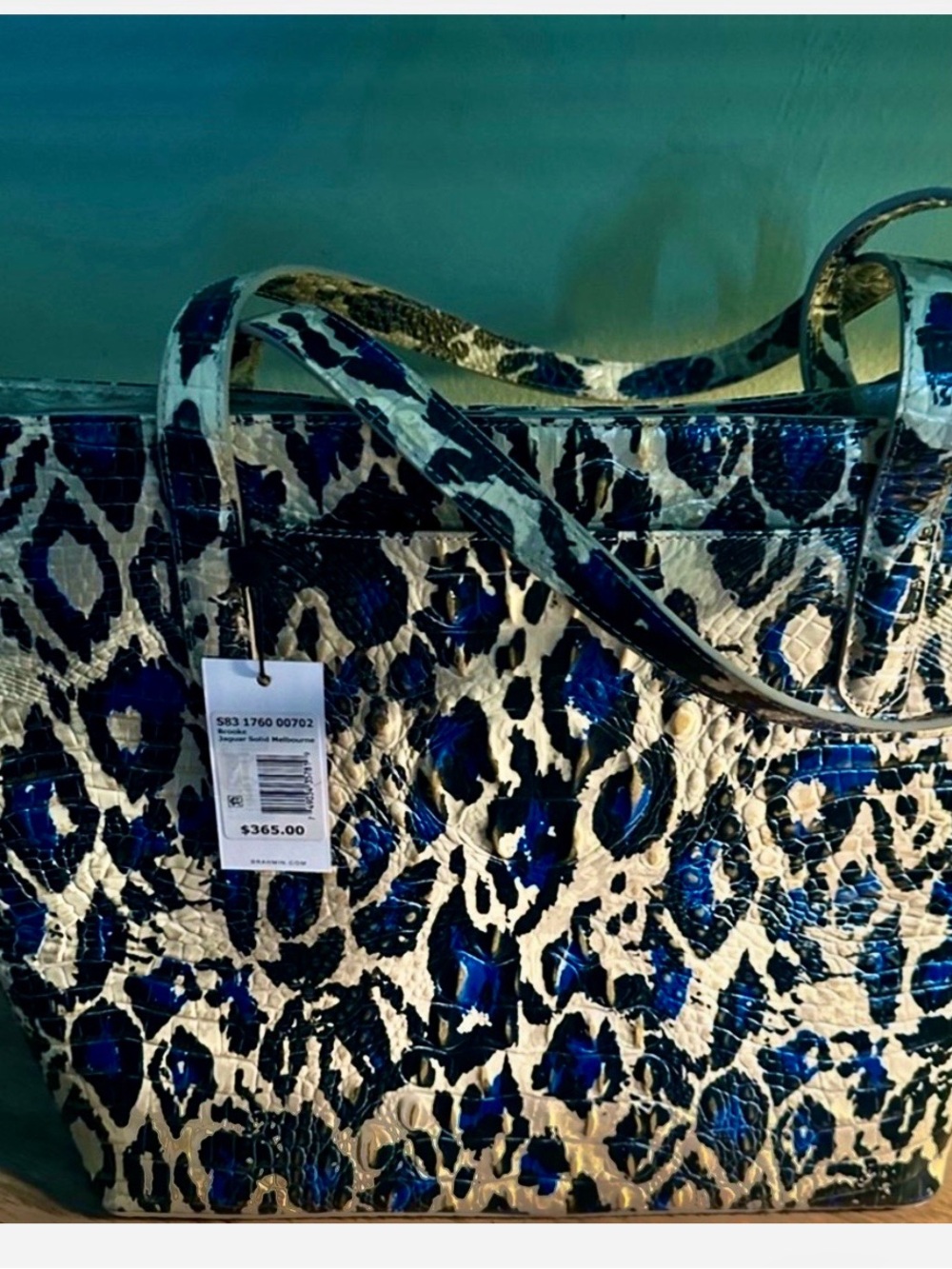 NWOT-Brahmin Beautiful Blue and Cream Leopard-Print Tote with Matching Wristlet